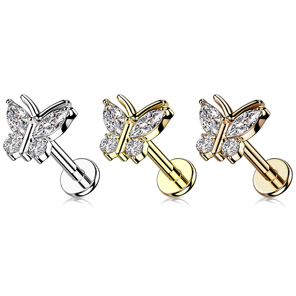 Surgical Steel CZ Butterfly with Antenna Internal Thread Labret