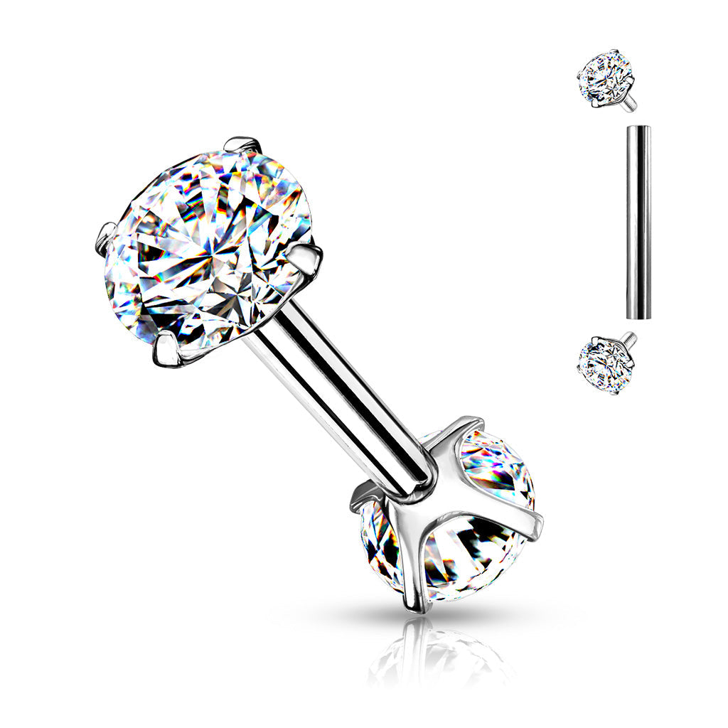 Surgical Steel Short Barbell with Internally Threaded CZ Prong Ends