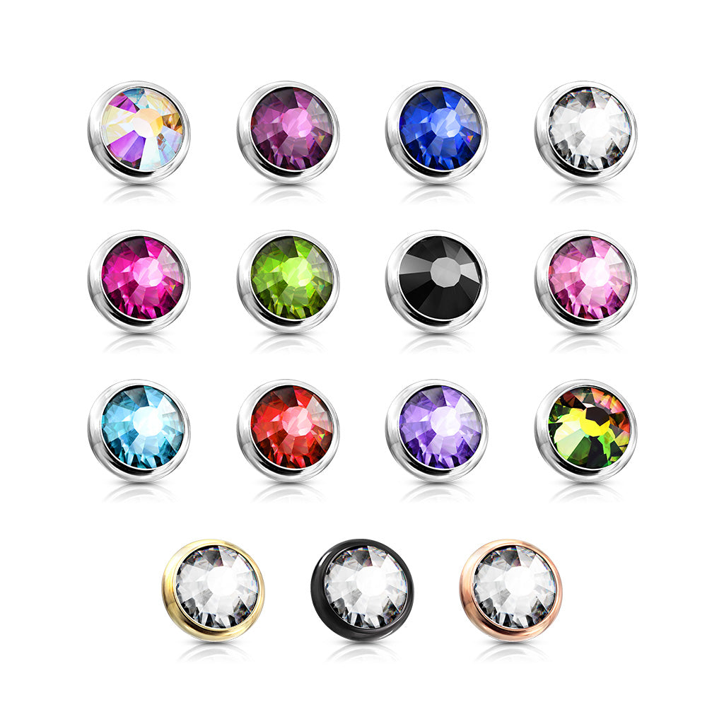 Internally Threaded Surgical Steel Bezel Set Flat Gem Tops