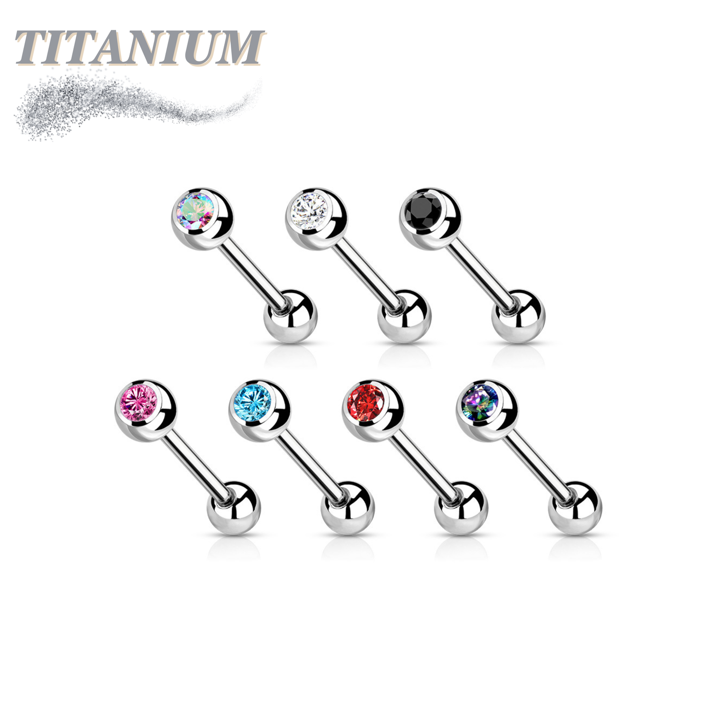 Tongue Titanium Barbell with One Bezel Gem and One Fixed Ball External Thread