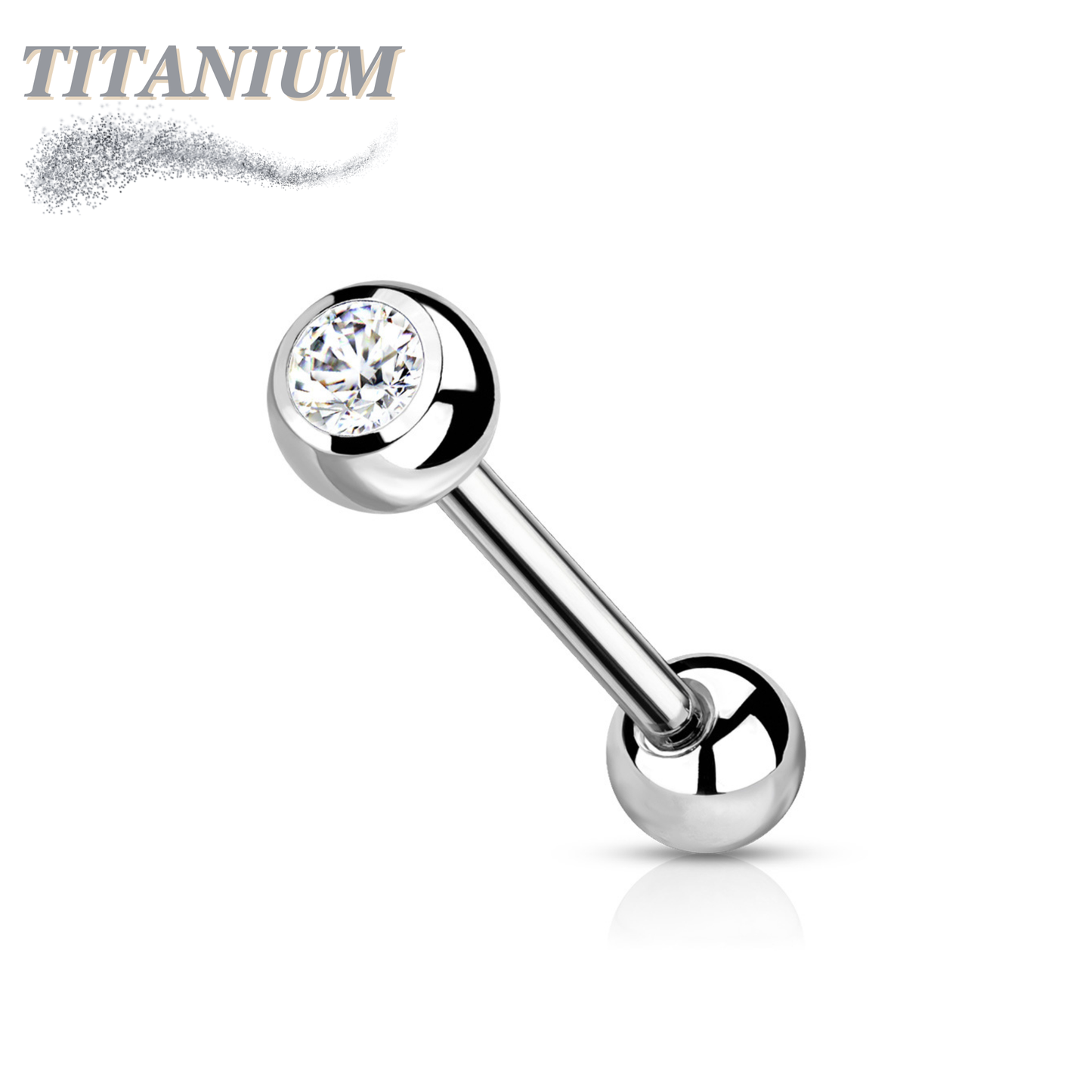 Tongue Titanium Barbell with One Bezel Gem and One Fixed Ball External Thread