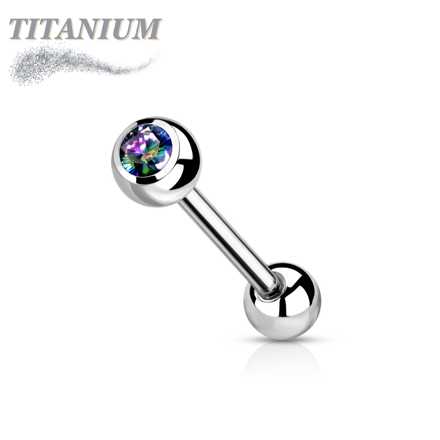 Tongue Titanium Barbell with One Bezel Gem and One Fixed Ball External Thread