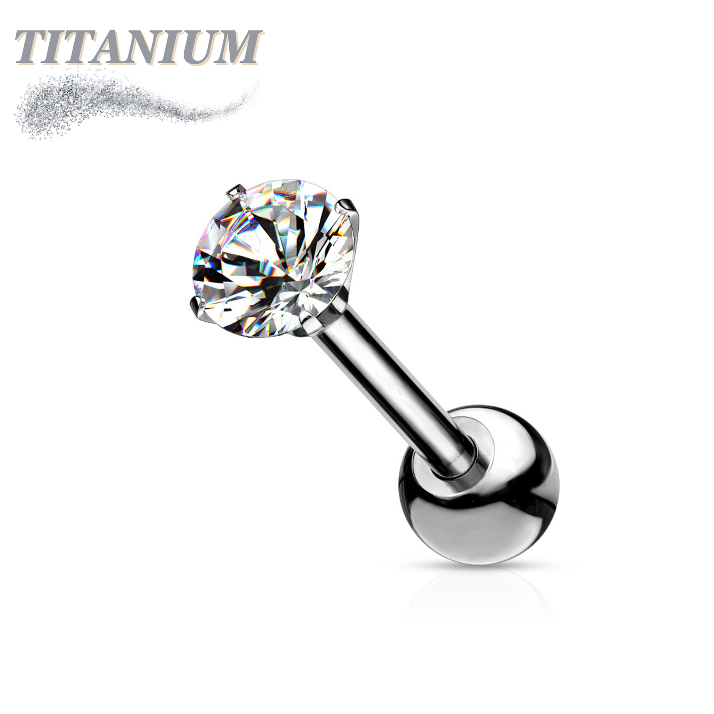 Titanium Cartilage Barbell with Prong Set CZ Externally Threaded