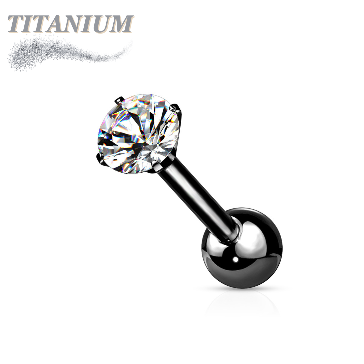 Titanium Cartilage Barbell with Prong Set CZ Externally Threaded