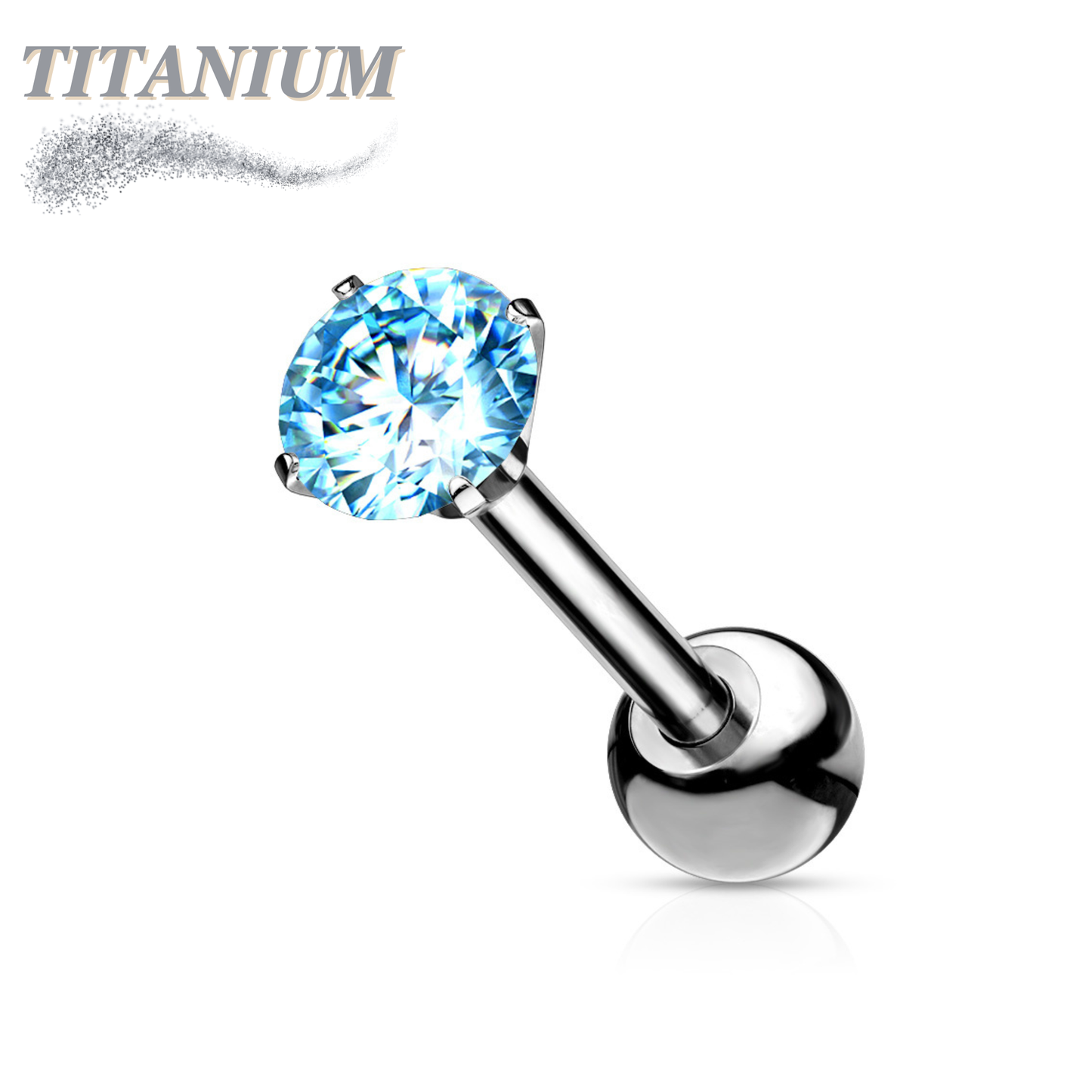 Titanium Cartilage Barbell with Prong Set CZ Externally Threaded