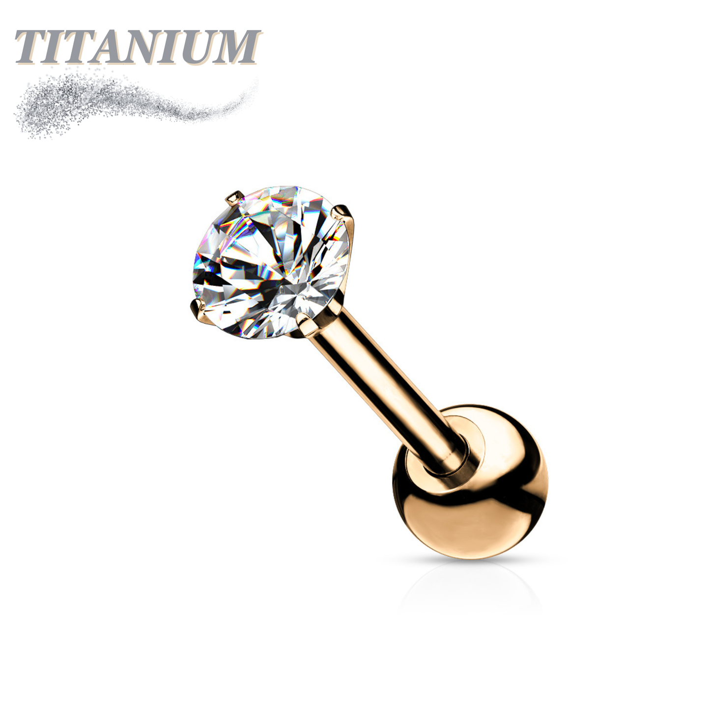 Titanium Cartilage Barbell with Prong Set CZ Externally Threaded
