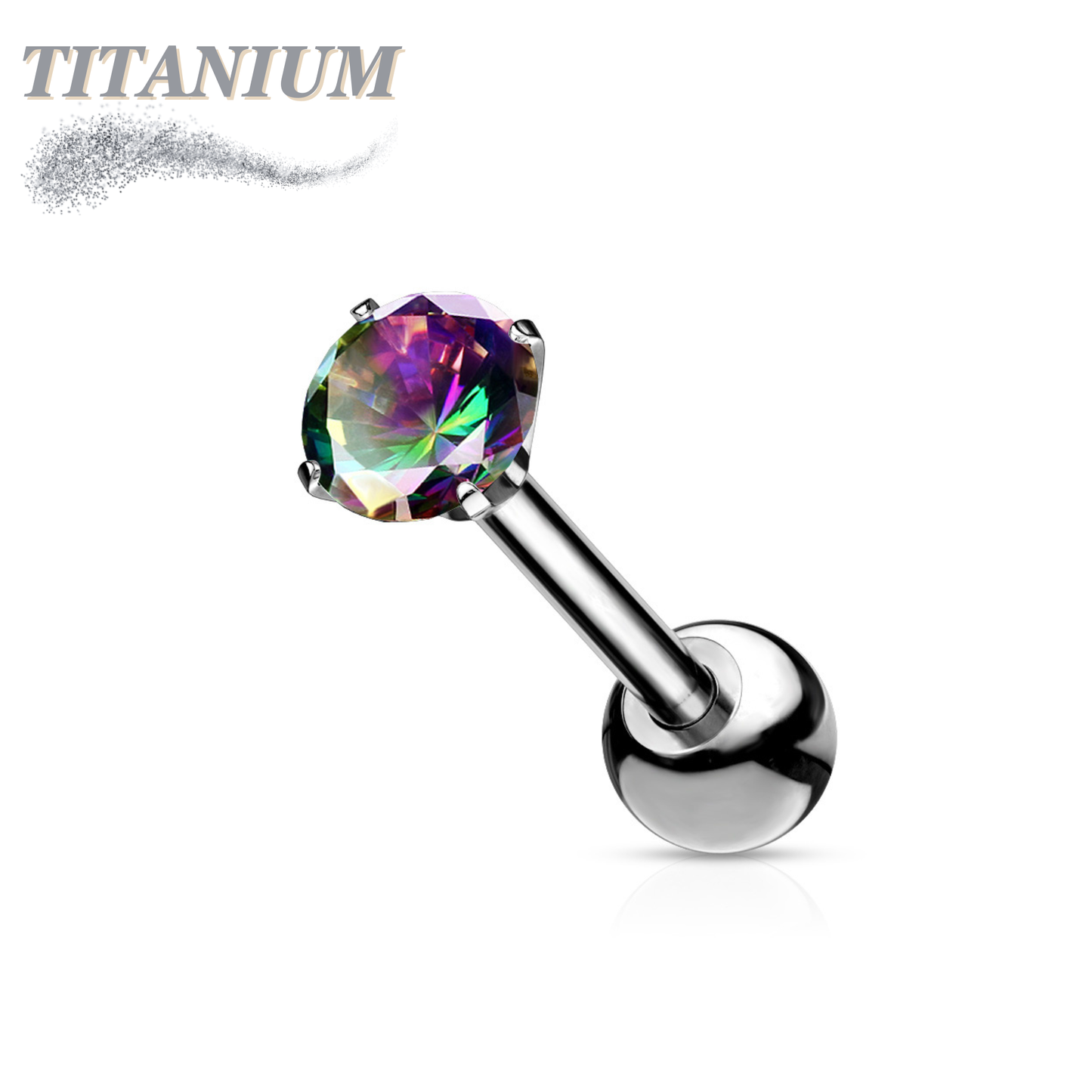 Titanium Cartilage Barbell with Prong Set CZ Externally Threaded