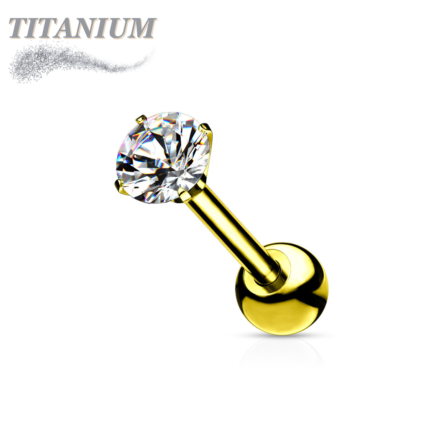 Titanium Cartilage Barbell with Prong Set CZ Externally Threaded