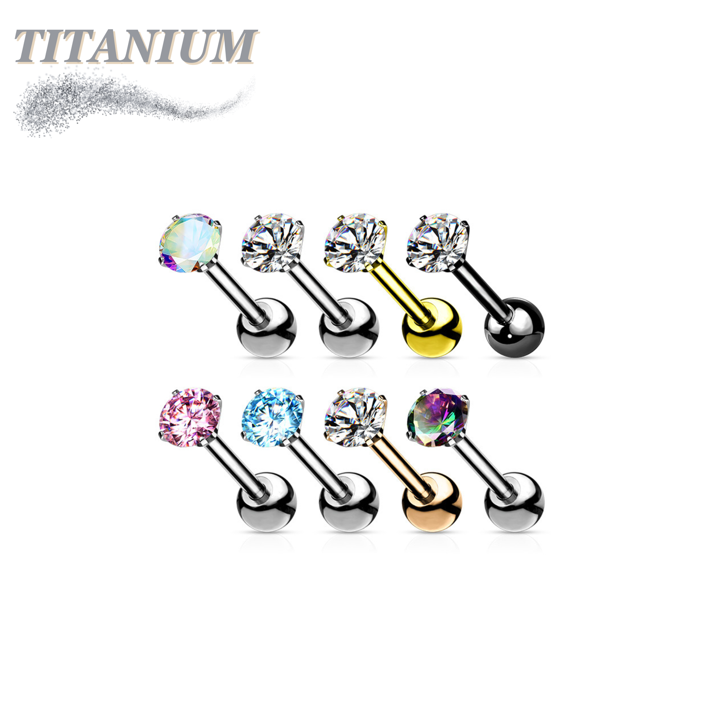 Titanium Cartilage Barbell with Prong Set CZ Externally Threaded
