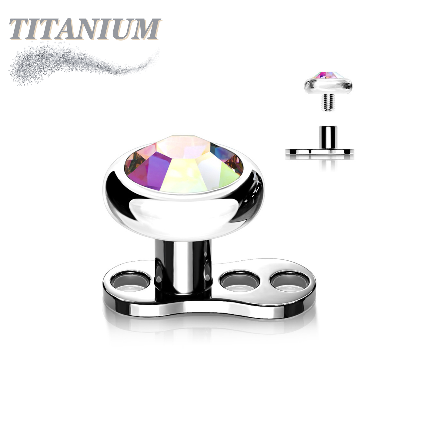 Titanium 3 Hole Dermal Anchor with 2mm Rise and Titanium Flat Round Crystal Top