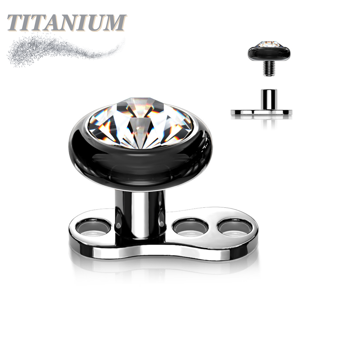 Titanium 3 Hole Dermal Anchor with 2mm Rise and Titanium Flat Round Crystal Top