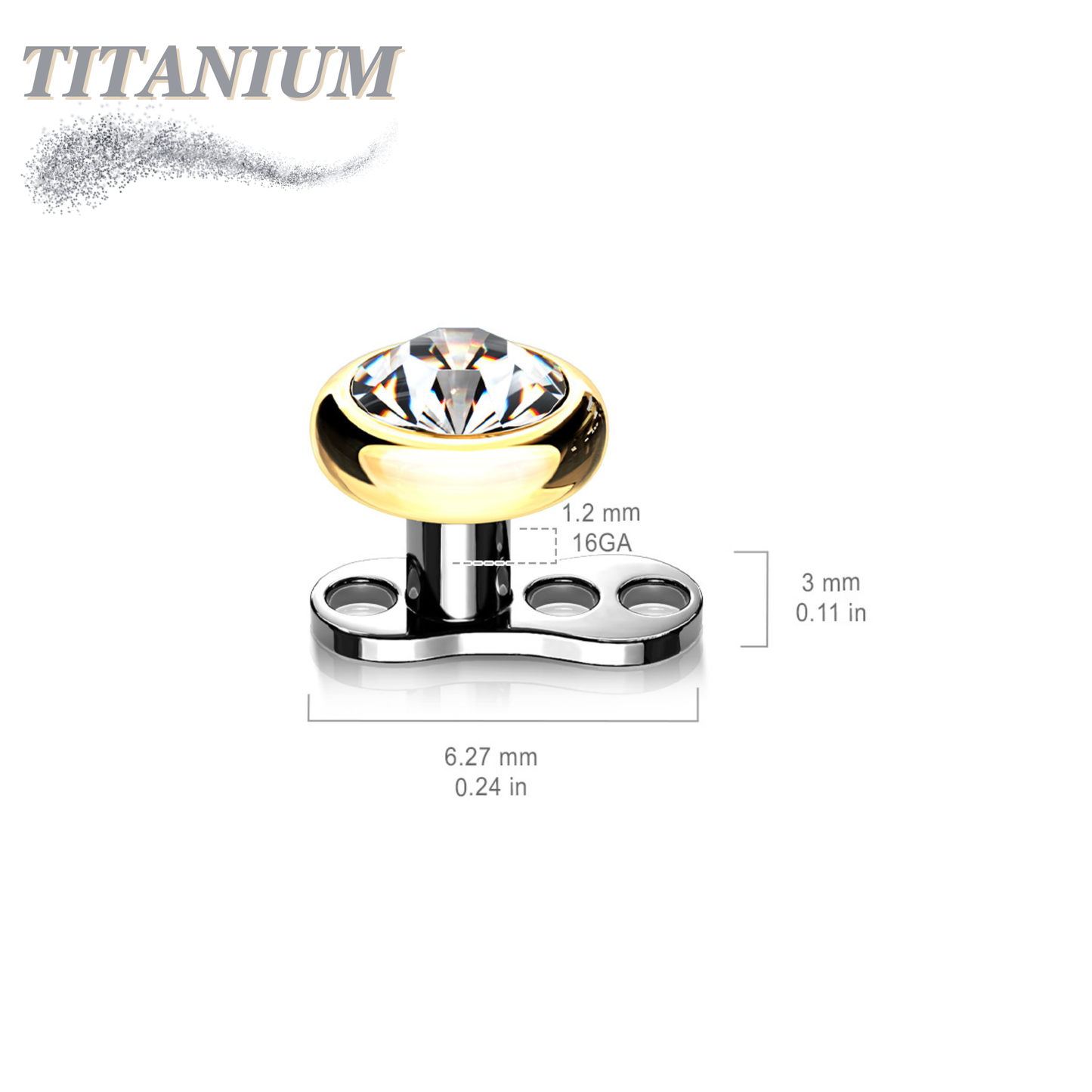 Titanium 3 Hole Dermal Anchor with 2mm Rise and Titanium Flat Round Crystal Top