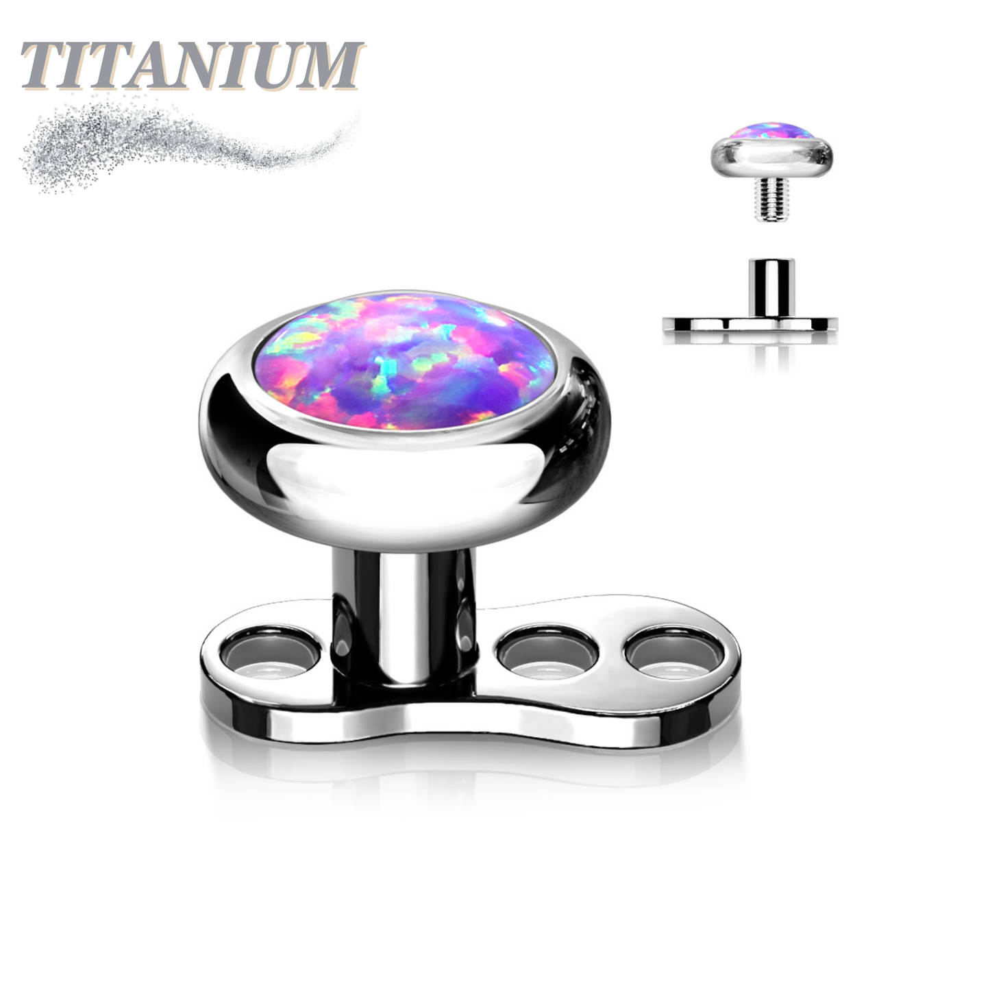 Titanium 16G 3 Hole Dermal Anchor with 2mm Rise and Titanium Flat Round 4mm Opal Top
