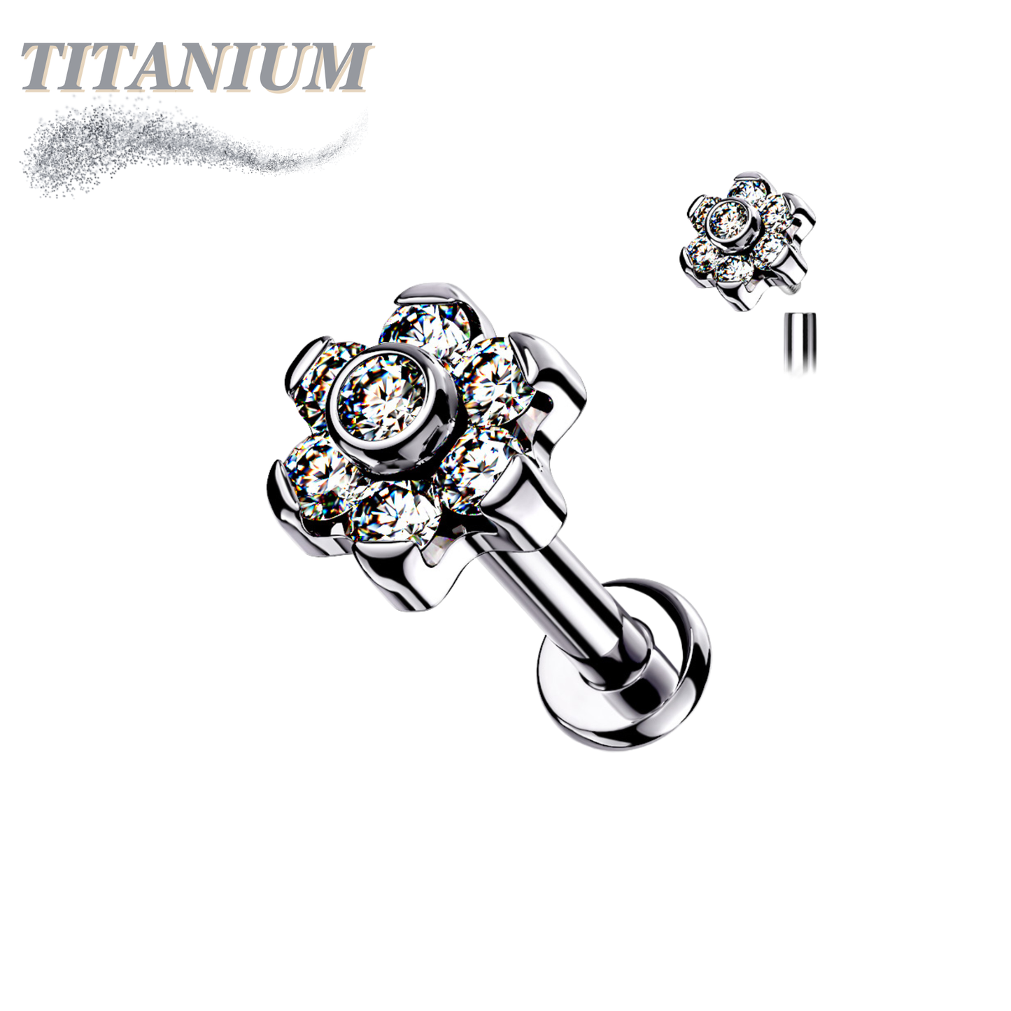 Titanium CZ Set Flower Top Internal Thread Labret