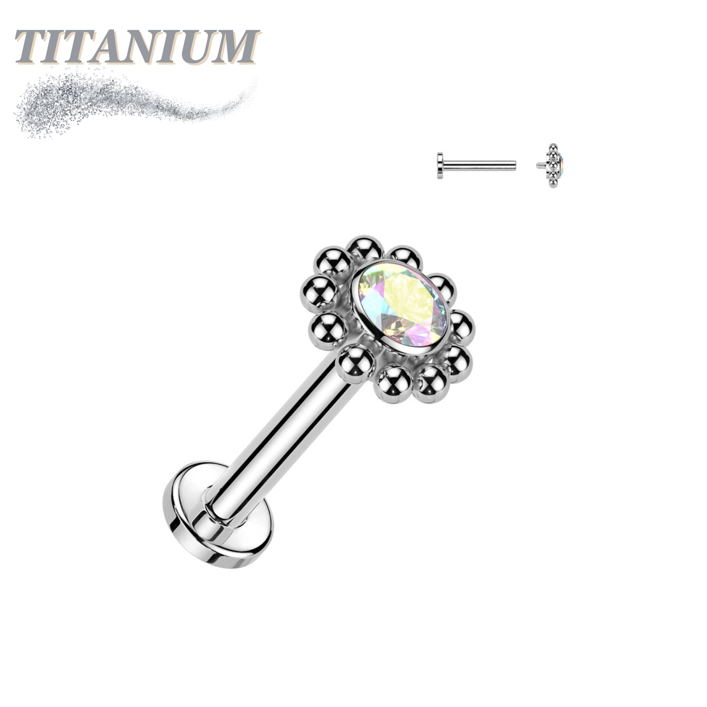 Titanium Internally Threaded Labret with Flower CZ Centre Surrounded by Micro Balls Top