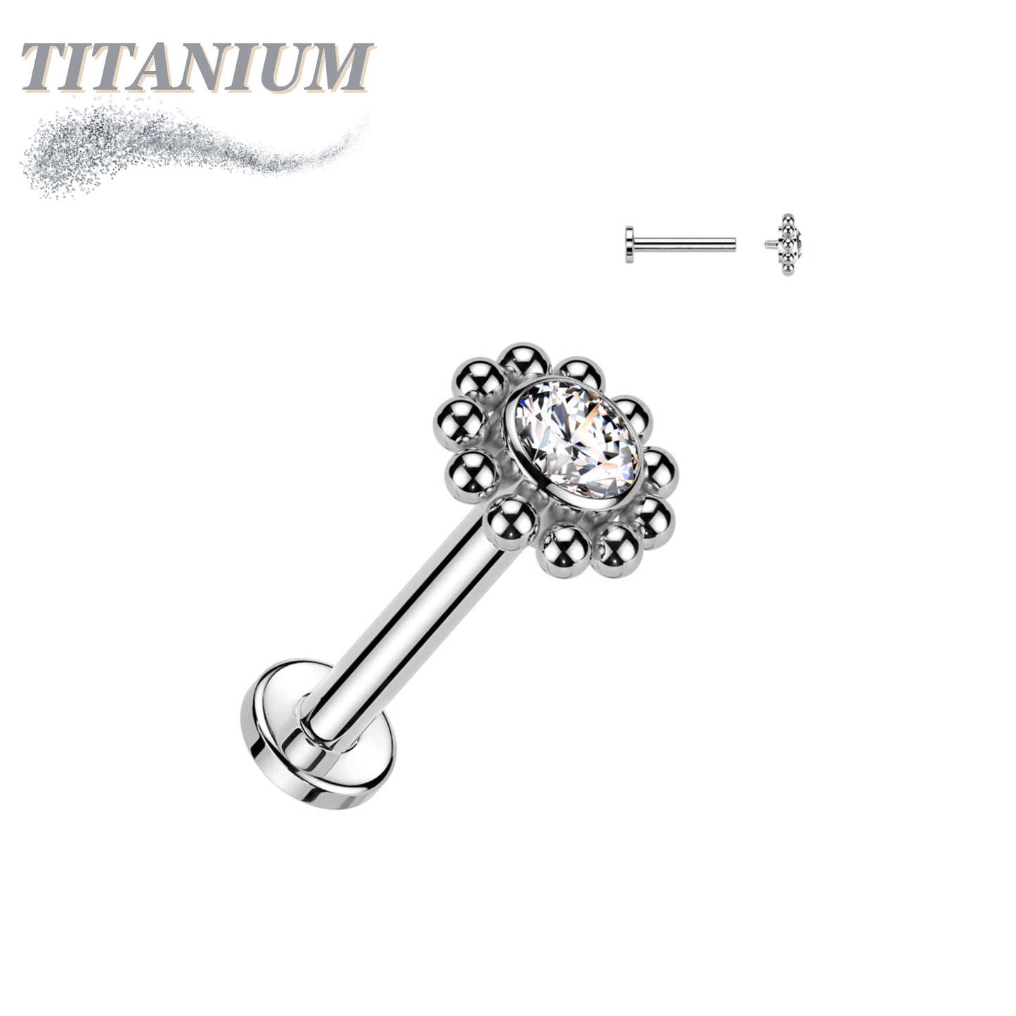 Titanium Internally Threaded Labret with Flower CZ Centre Surrounded by Micro Balls Top