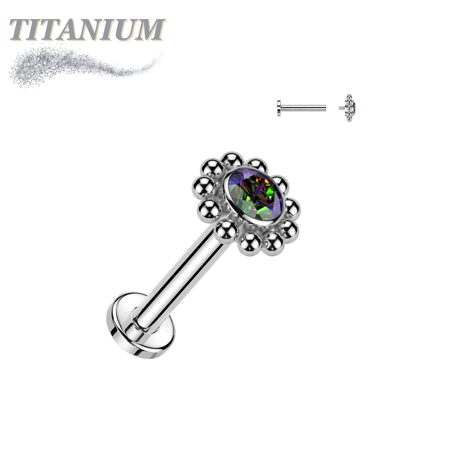 Titanium Internally Threaded Labret with Flower CZ Centre Surrounded by Micro Balls Top