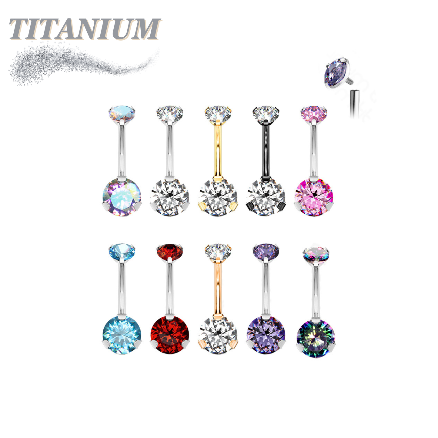 Titanium Prong Clasped Round CZ Belly Bananas Internally Threaded
