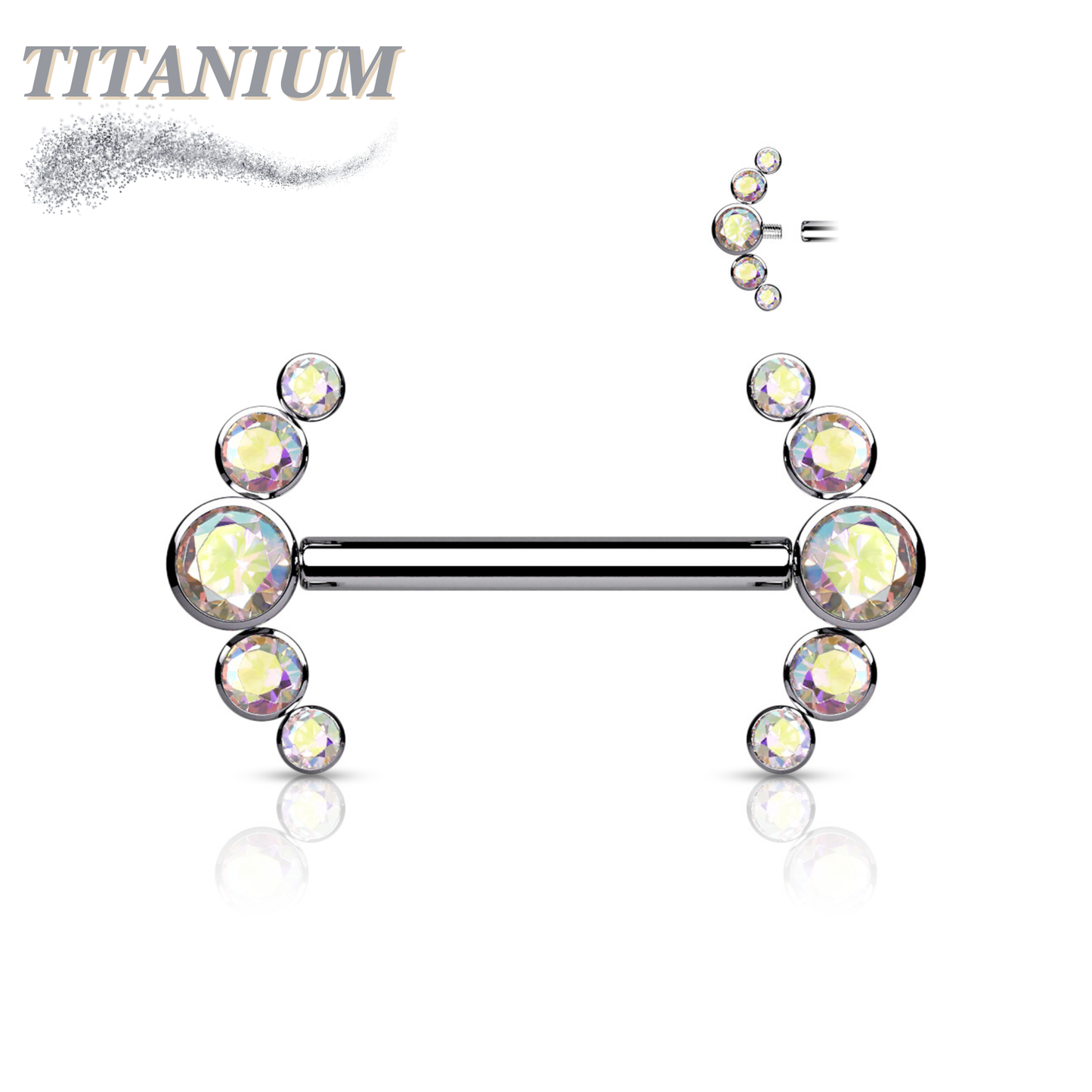 Titanium Nipple 5 CZ Curve Ends Internal Threaded Barbell