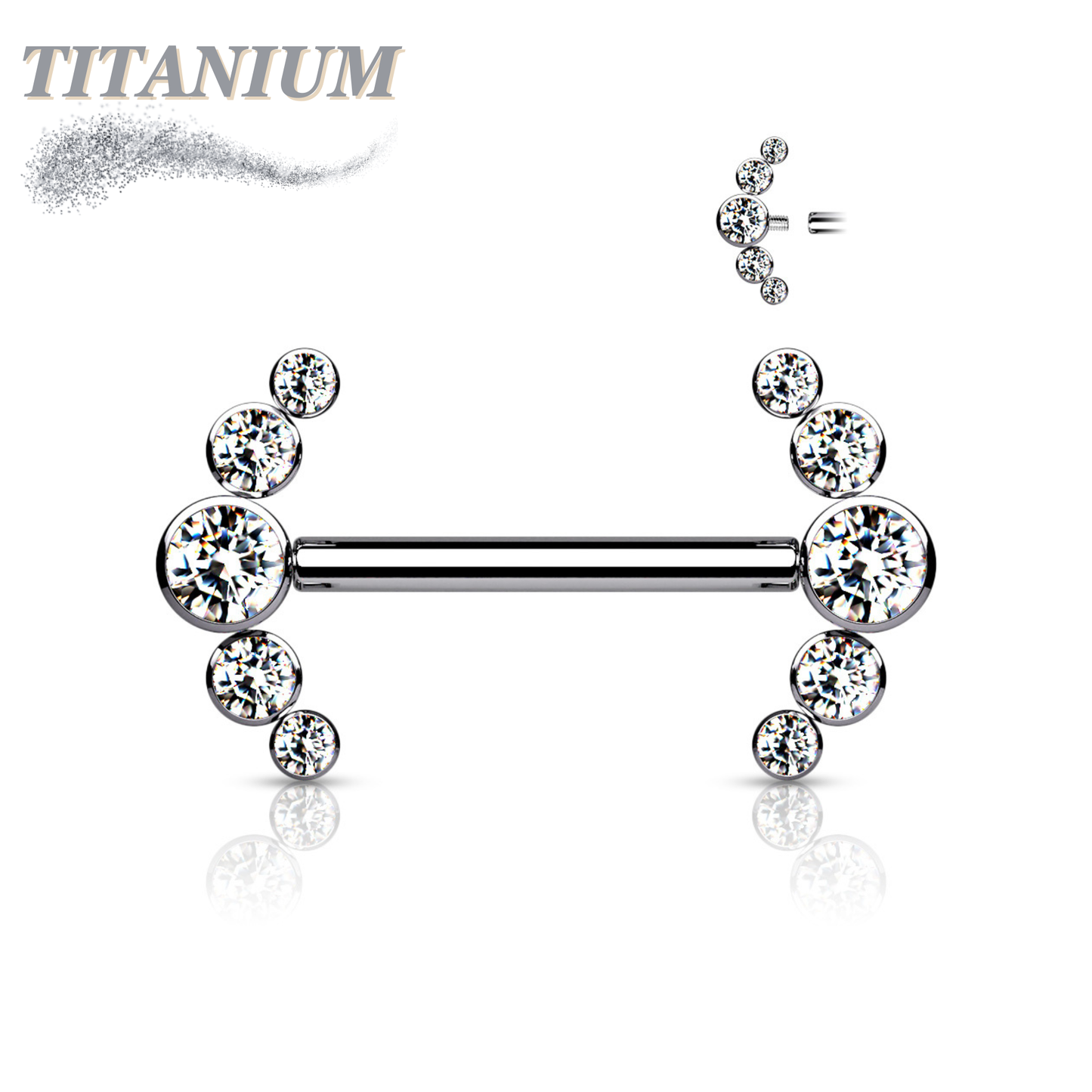 Titanium Nipple 5 CZ Curve Ends Internal Threaded Barbell