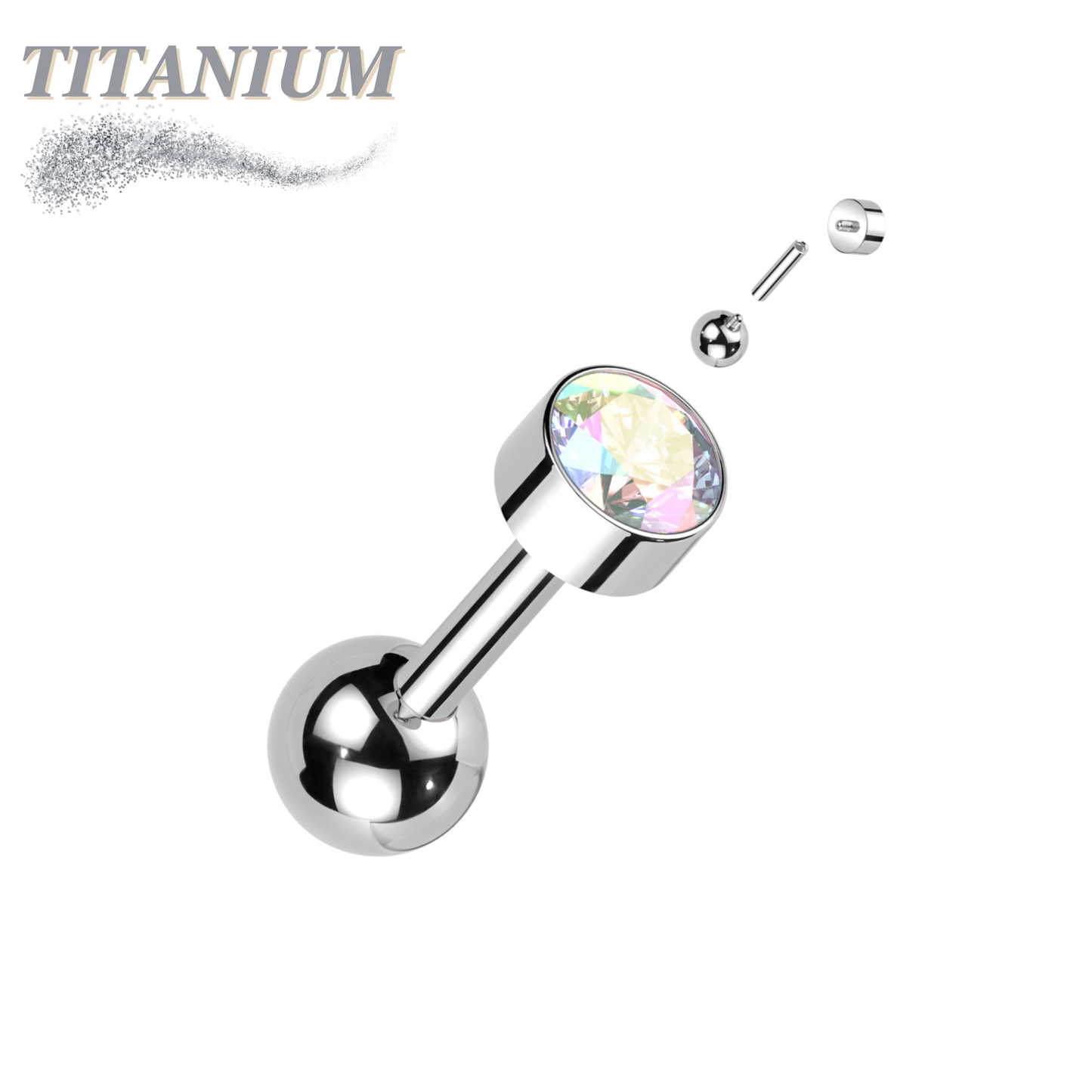 Titanium Cartilage Barbell with Premium Round Bezel Set CZ Internal Thread