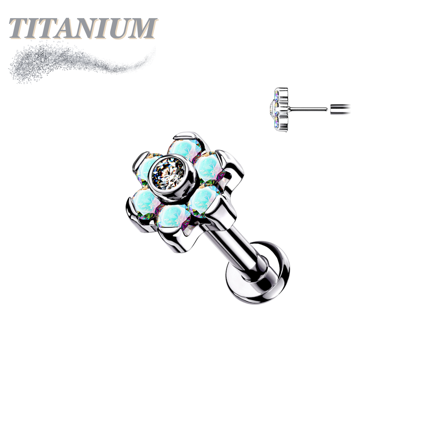 Threadless Pushpin Titanium Flat Back Labret Combo with CZ Flower Top