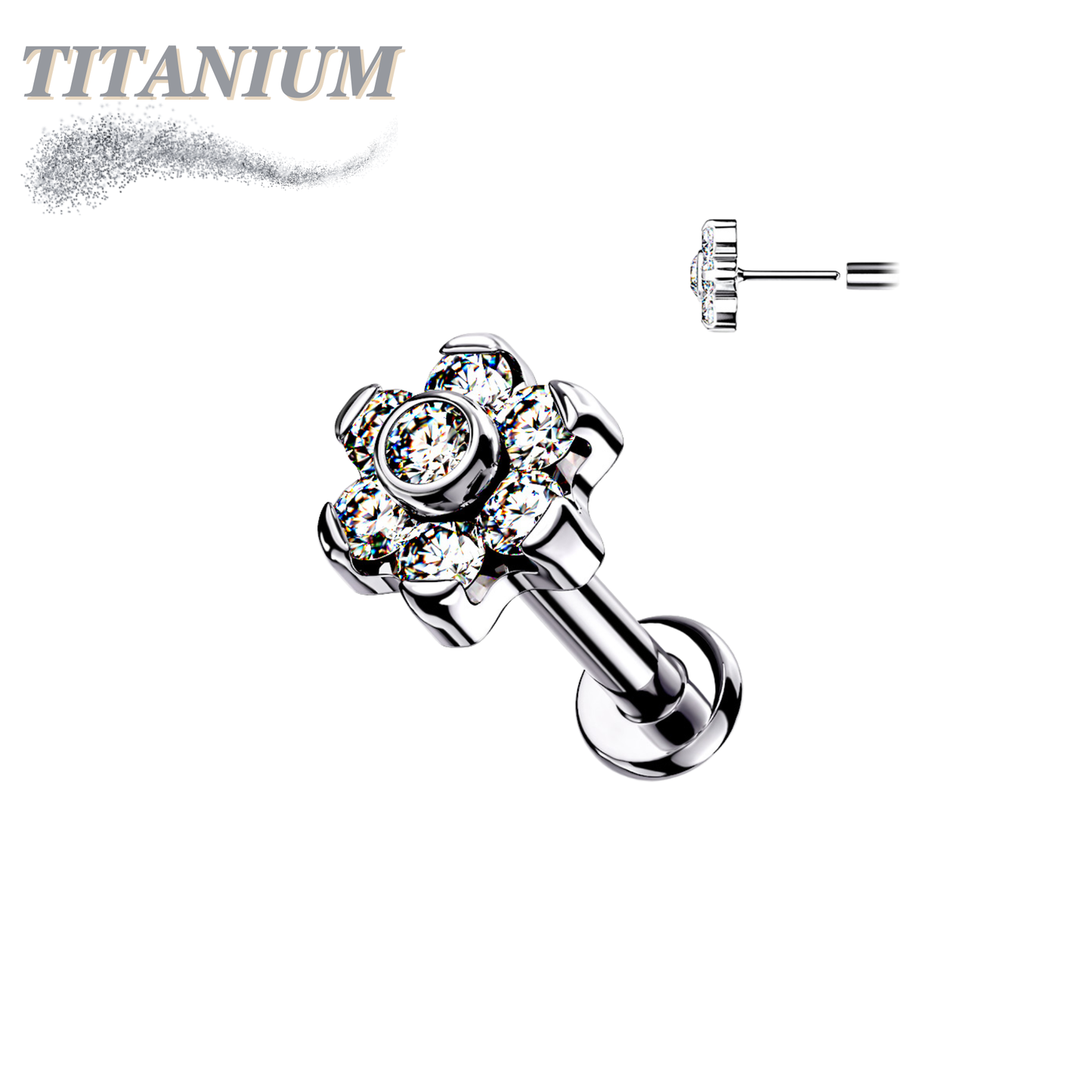 Threadless Pushpin Titanium Flat Back Labret Combo with CZ Flower Top