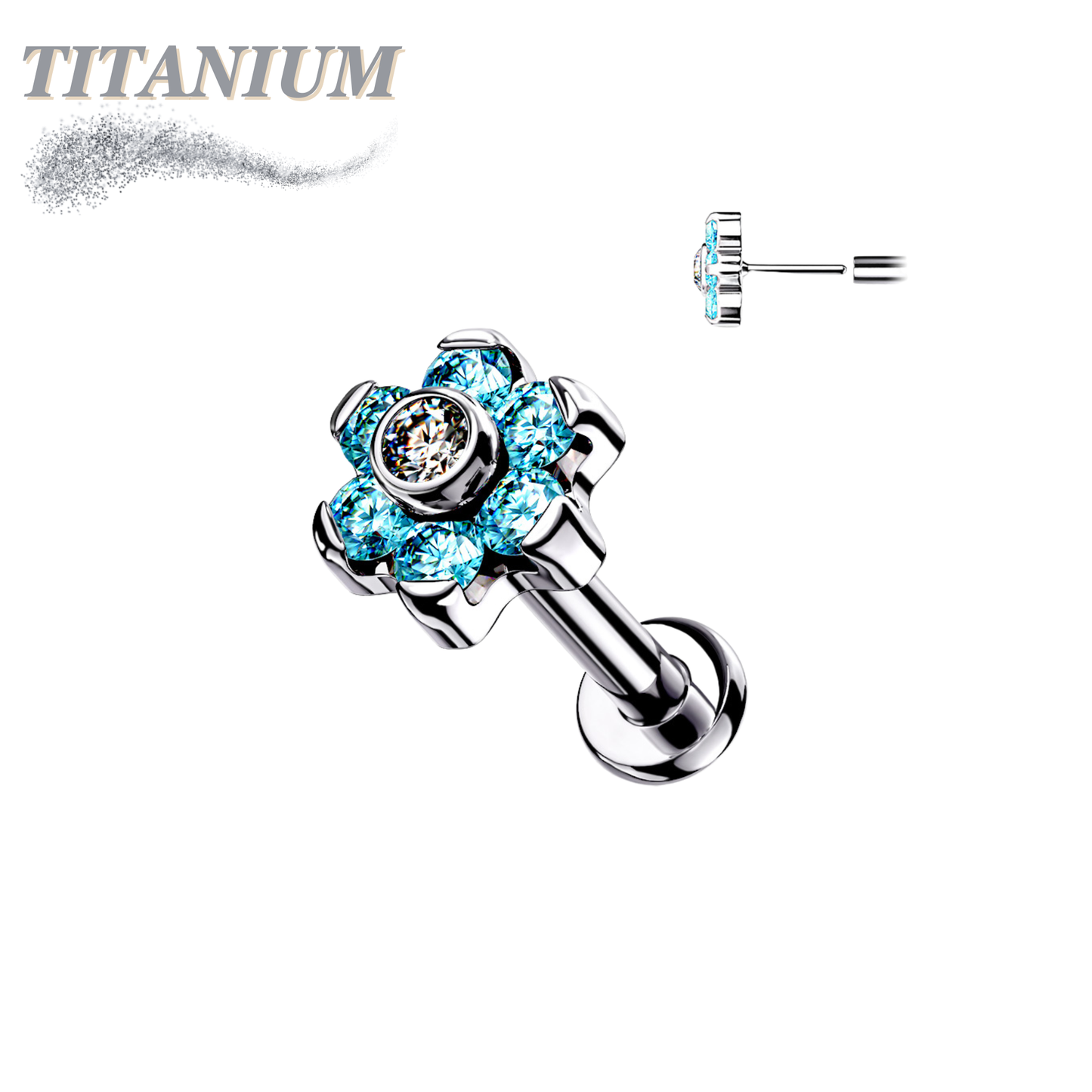 Threadless Pushpin Titanium Flat Back Labret Combo with CZ Flower Top