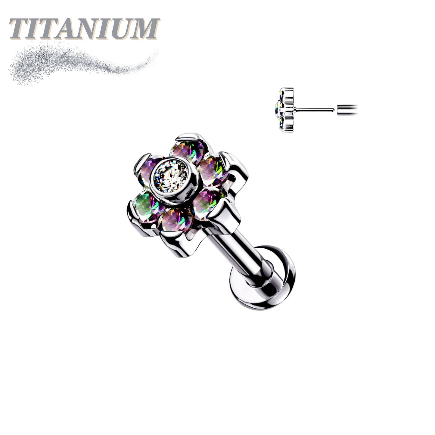Threadless Pushpin Titanium Flat Back Labret Combo with CZ Flower Top