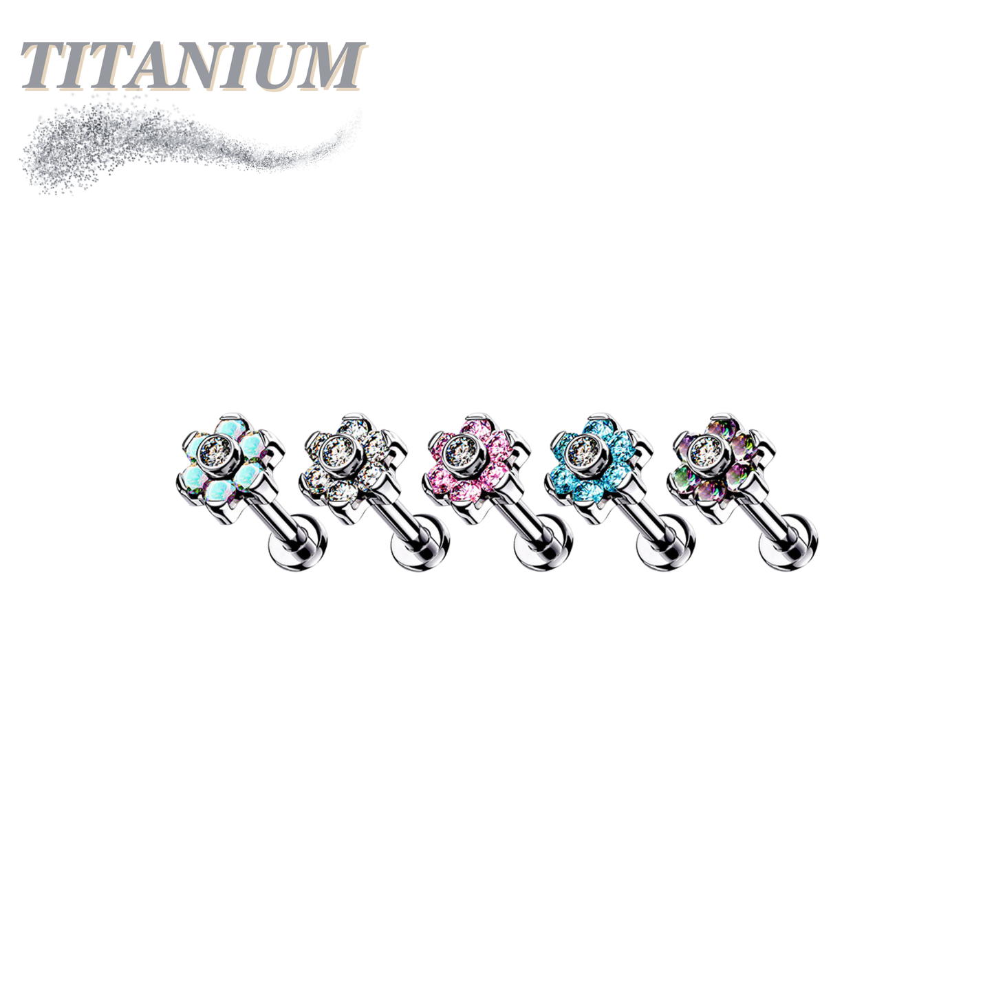Threadless Pushpin Titanium Flat Back Labret Combo with CZ Flower Top
