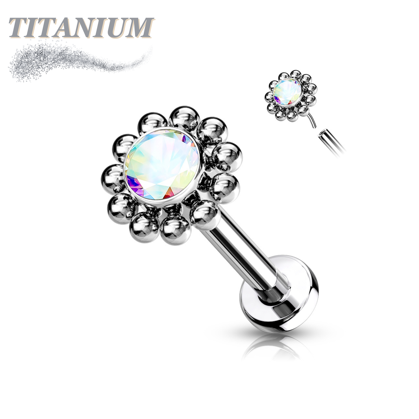 Titanium Threadless Labret Combo with Pushpin CZ Centre Flower Surrounded by Micro Balls
