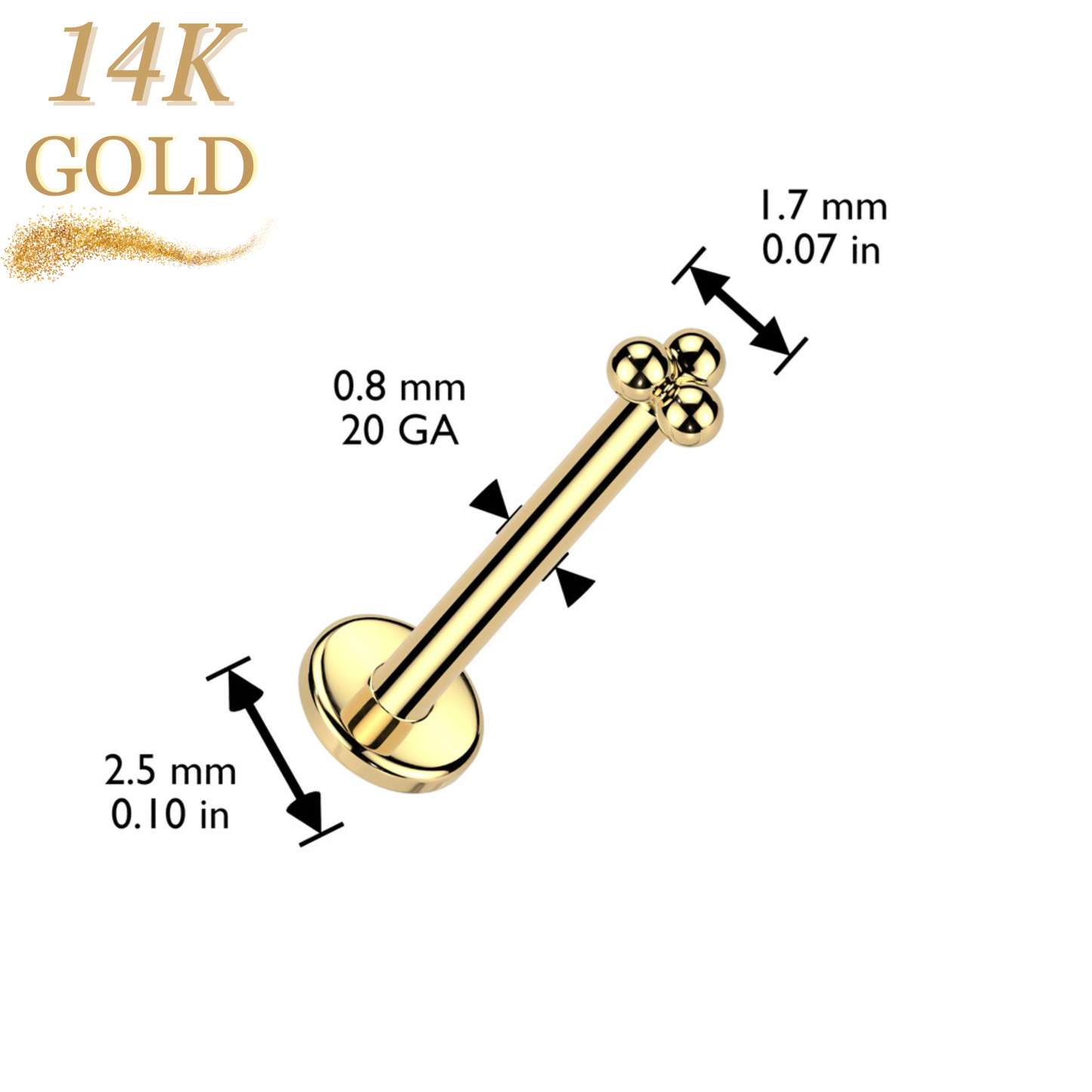14K Gold Threadless Labret Combo for Nostril with Micro Triangular 3 Ball Cluster
