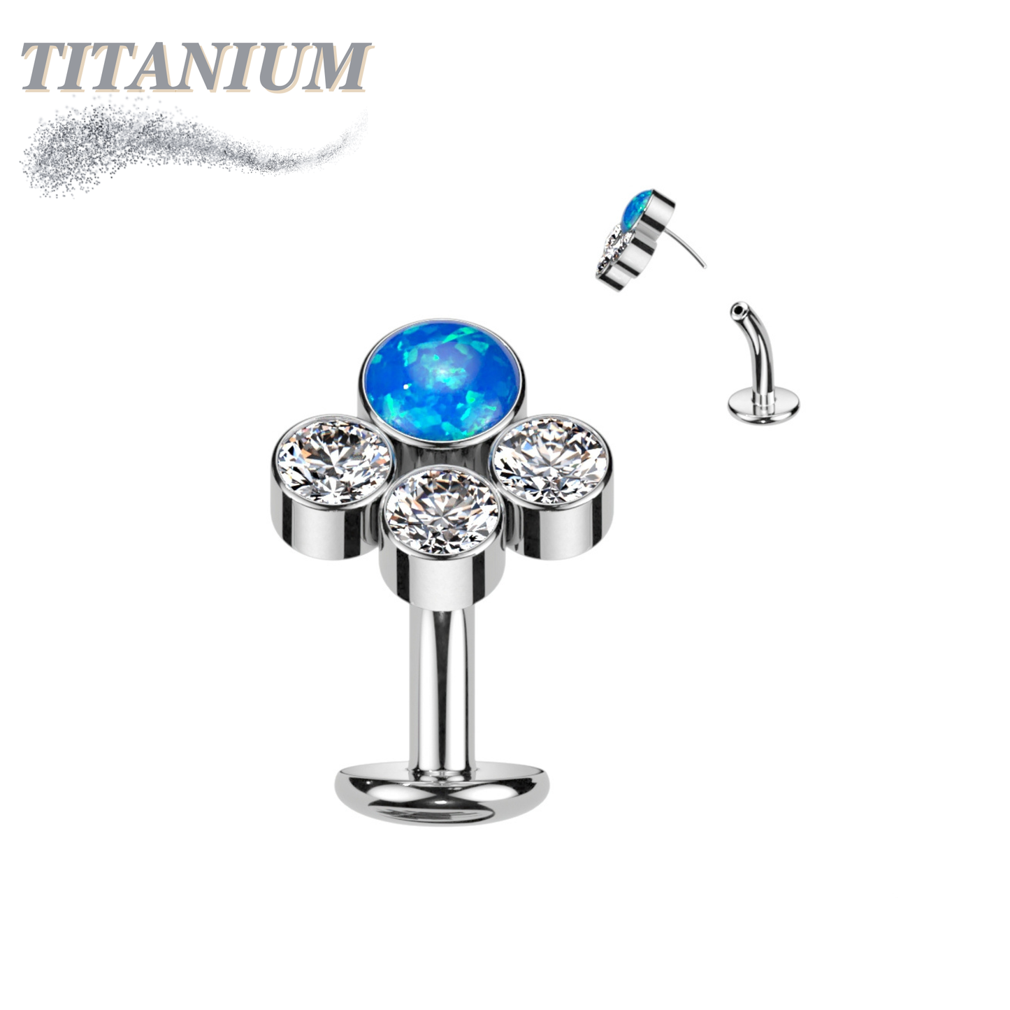 Titanium Threadless Floating Belly Ring with Opal Centre and 3 Bezel CZ Top