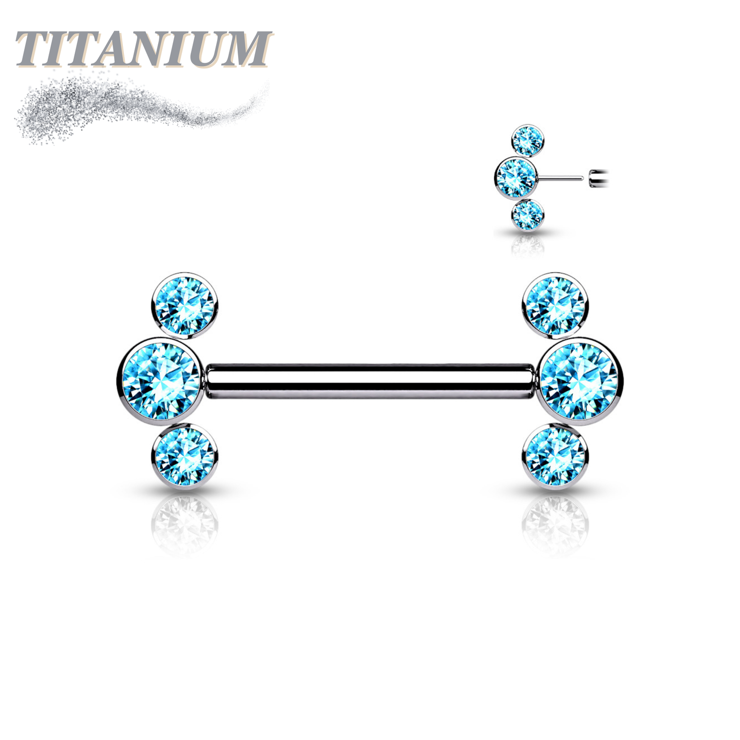 Threadless Titanium Nipple Barbell with 3 Bezel Set CZ Curved Ends