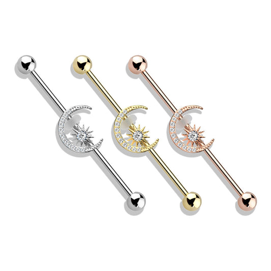 Surgical Steel Industrial Barbell with CZ Paved Moon and Center Star External Thread
