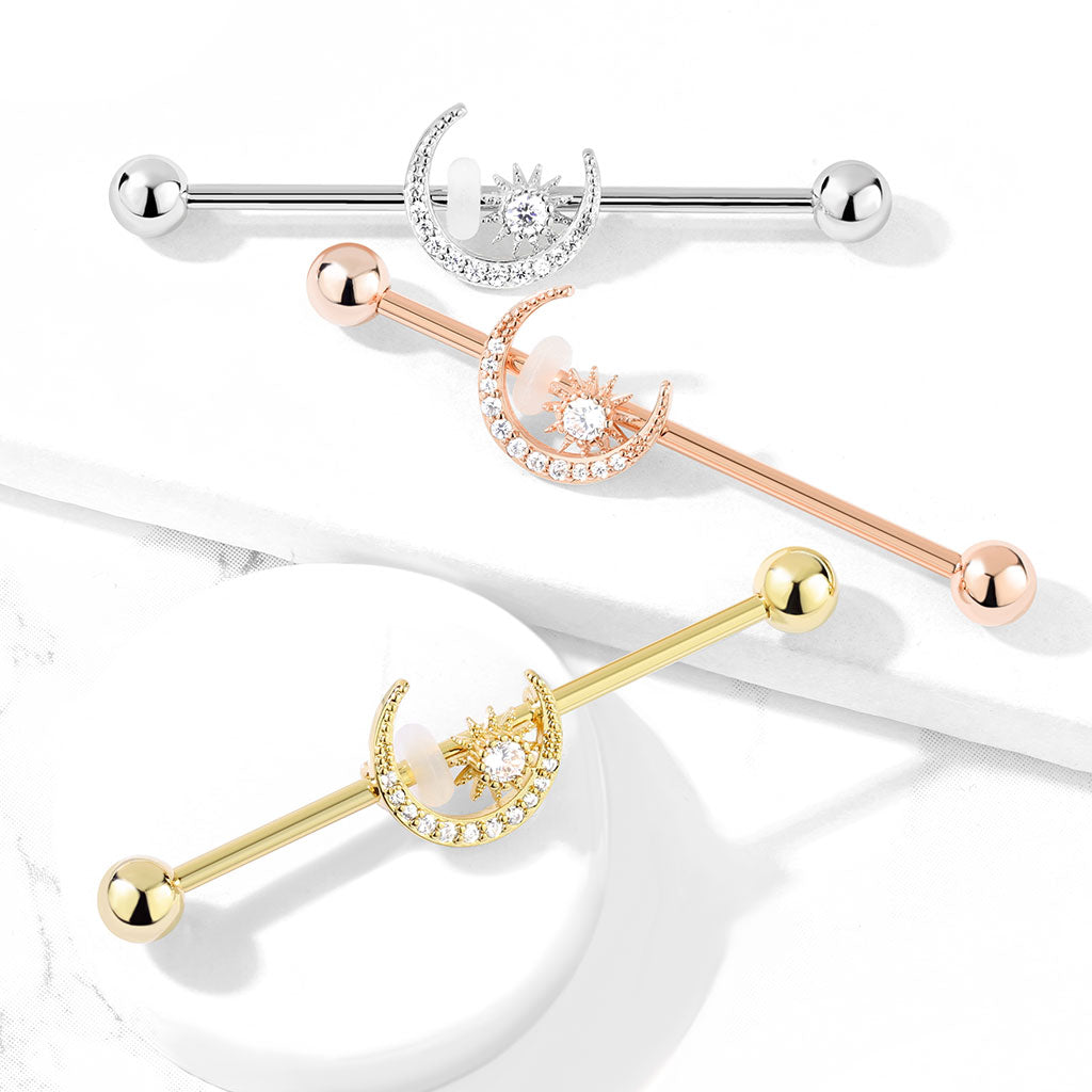 Surgical Steel Industrial Barbell with CZ Paved Moon and Center Star External Thread