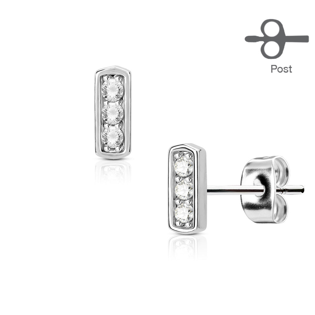 CZ Triple Set Square Bar Surgical Steel Earrings