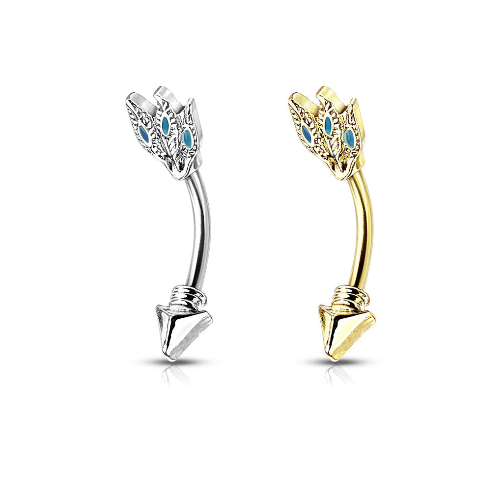 Surgical Steel Turquoise Feathers Tribal Arrow Curved Barbell External Thread
