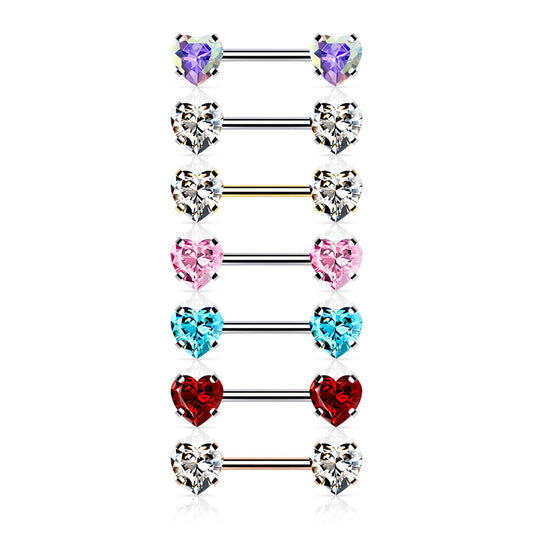 Threadless Surgical Steel Nipple Barbell Combo with Heart Gem Ends
