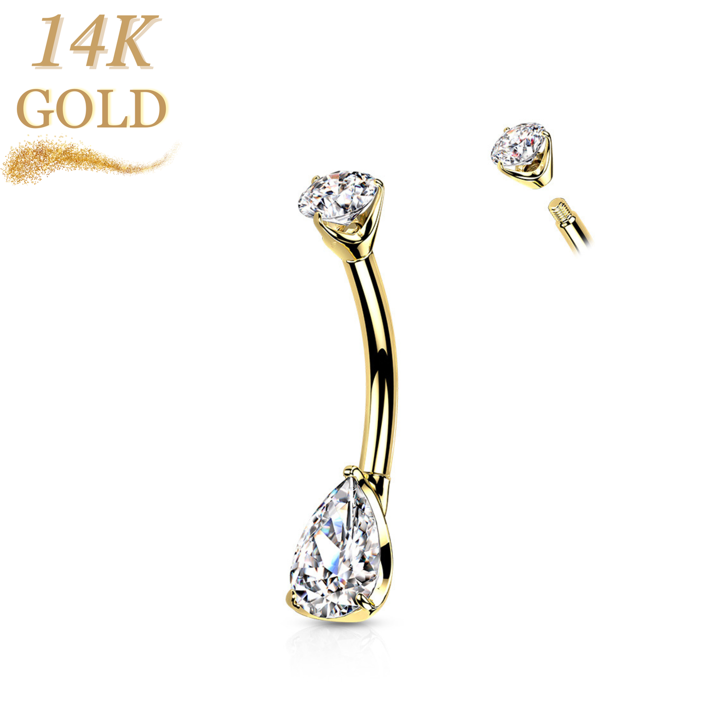 14K Gold Prong Set CZ Belly Banana with Teardrop/Pear Gem
