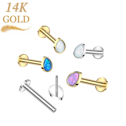 14K Gold Threadless Labret Combo with Pear Opal Top