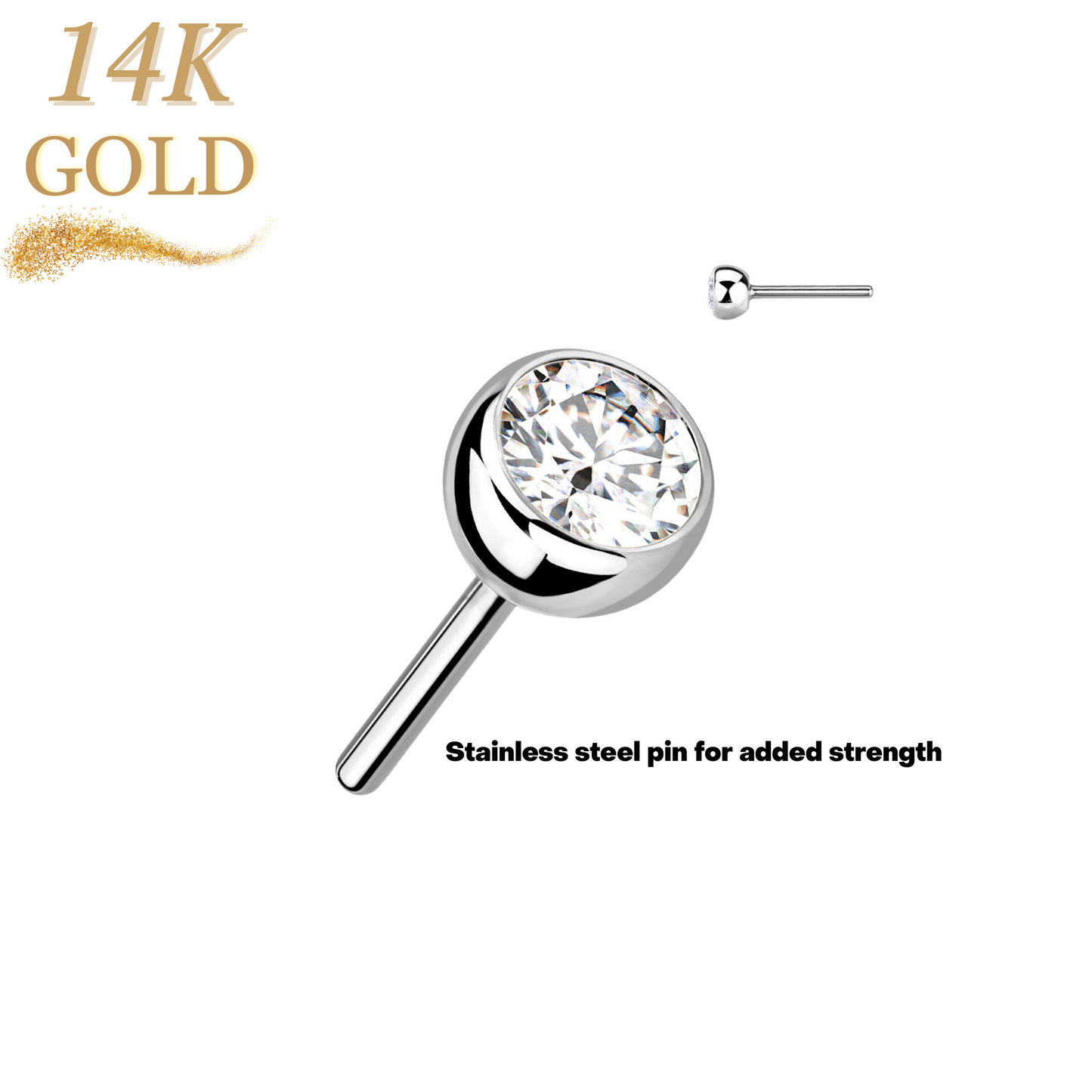 14K Gold CZ Bezel Set Threadless Push In Top Only