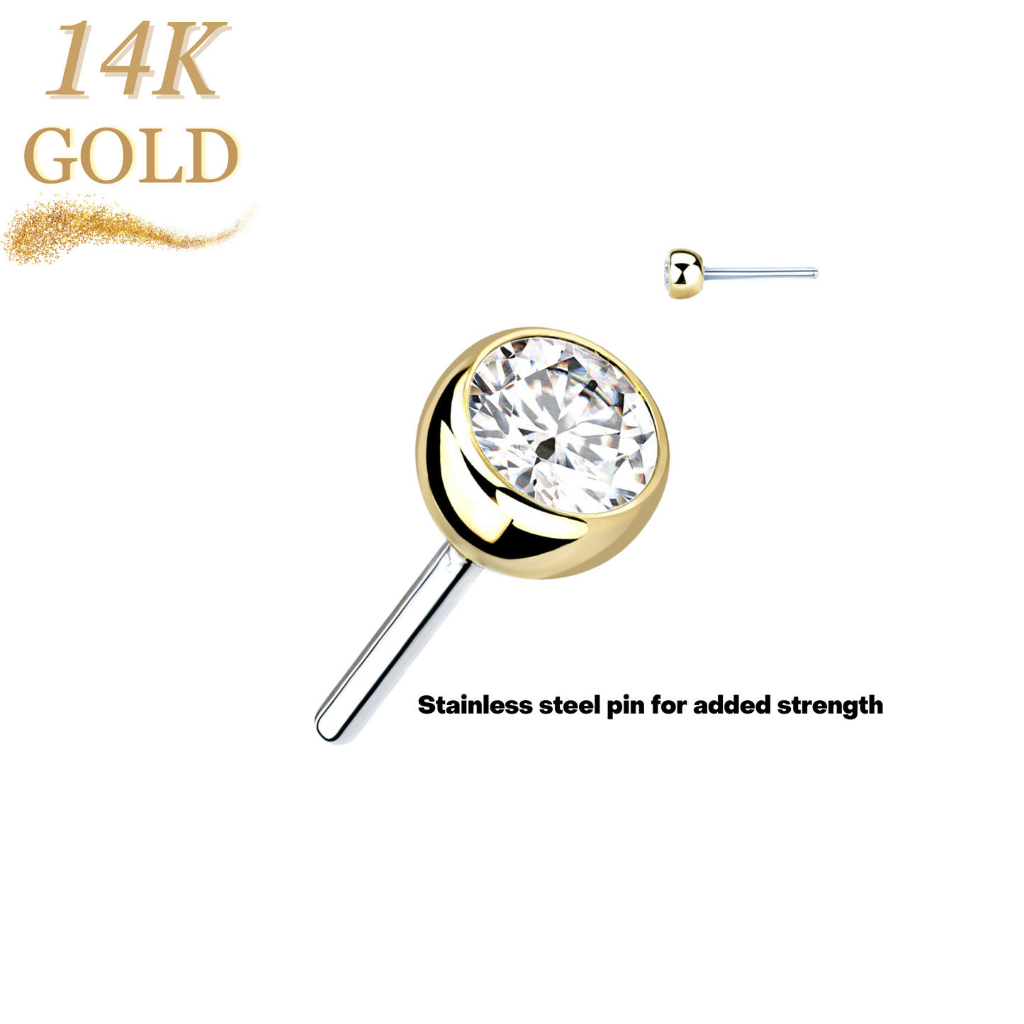14K Gold CZ Bezel Set Threadless Push In Top Only
