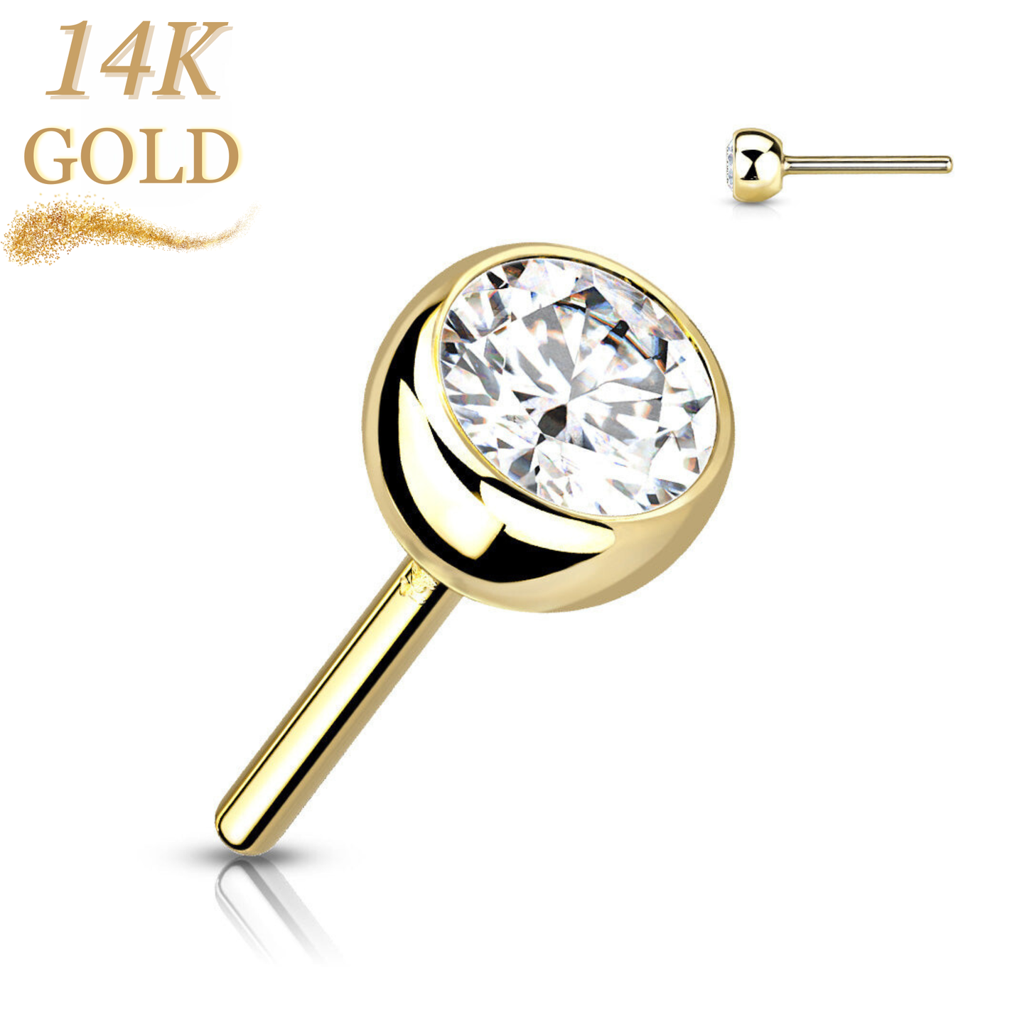 14K Gold CZ Bezel Set Threadless Push In Top Only