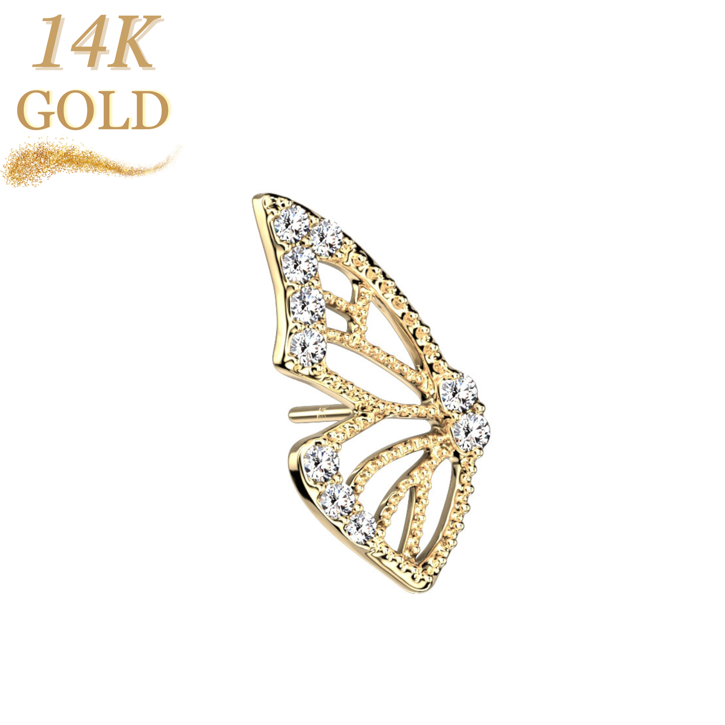 14K Gold Threadless Butterfly Wing with Paved CZ Left or Right Ear Top Only