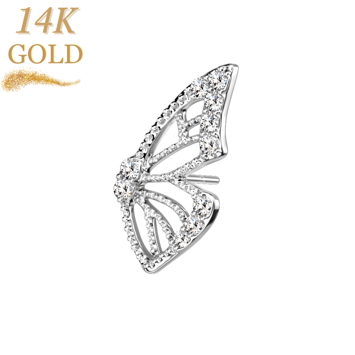 14K Gold Threadless Butterfly Wing with Paved CZ Left or Right Ear Top Only
