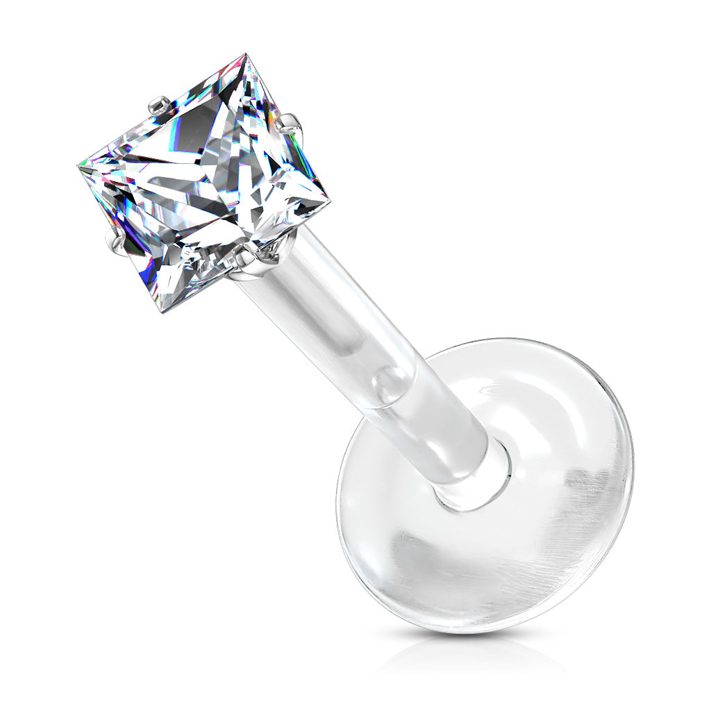 Threadless Acrylic Flat Back Labret Combo with Surgical Steel Prong Set Square CZ Top
