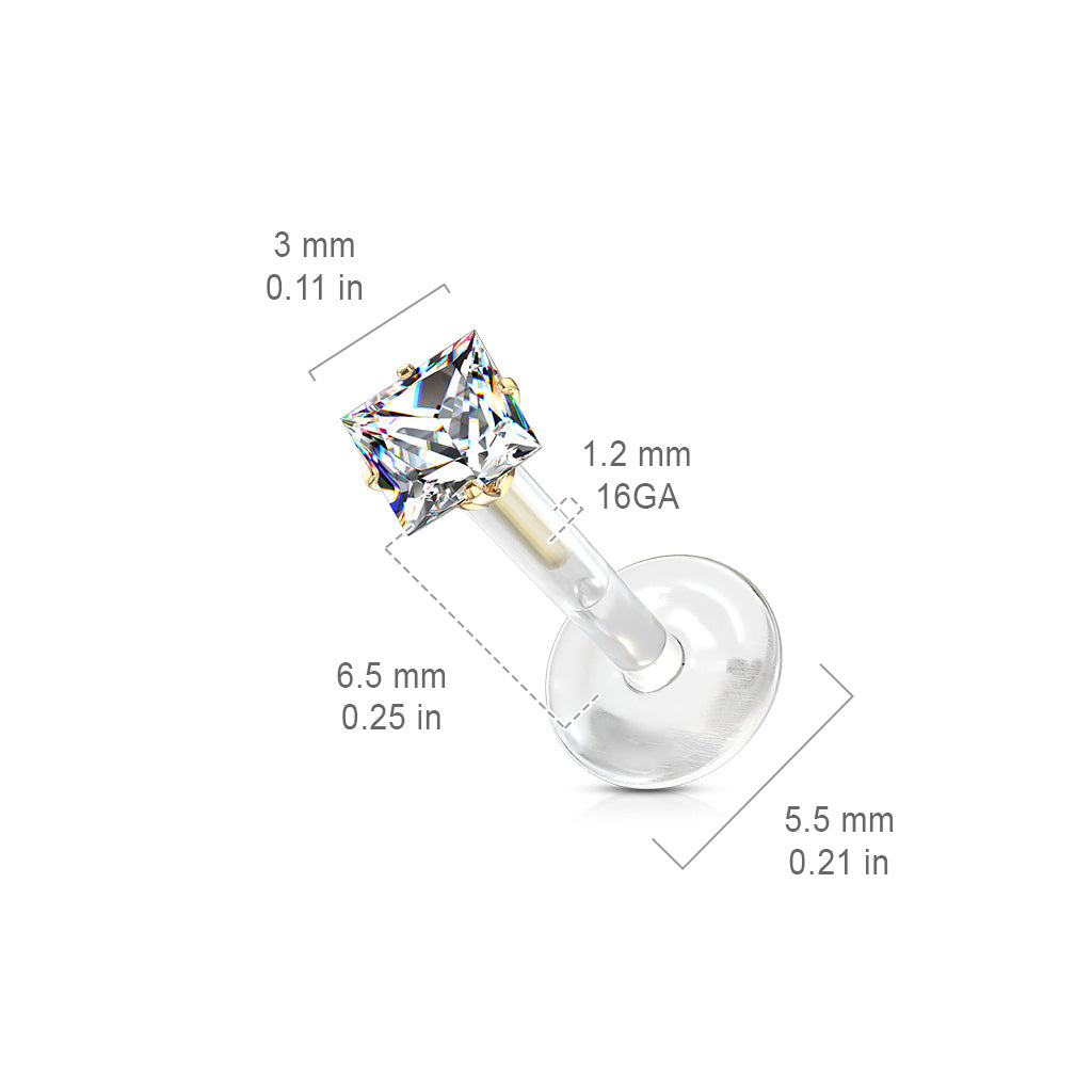 Threadless Acrylic Flat Back Labret Combo with Surgical Steel Prong Set Square CZ Top