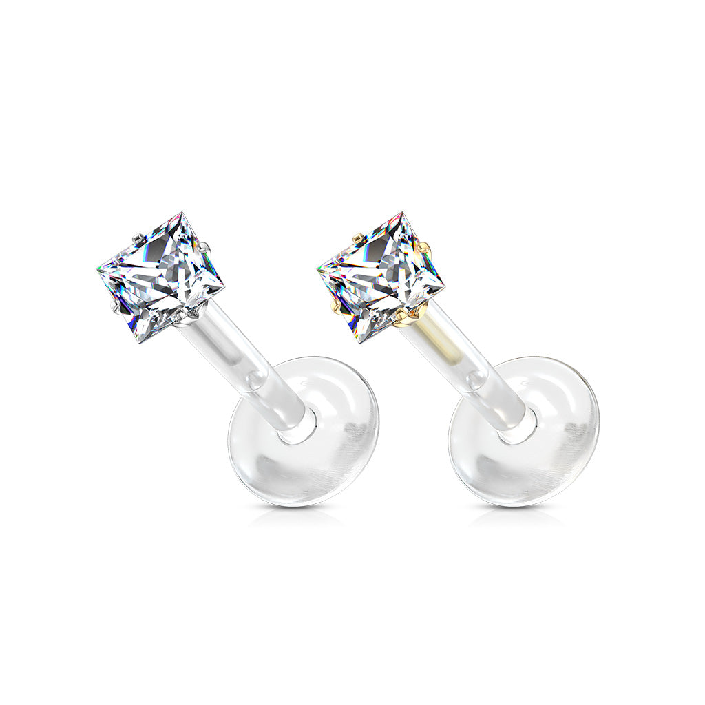 Threadless Acrylic Flat Back Labret Combo with Surgical Steel Prong Set Square CZ Top