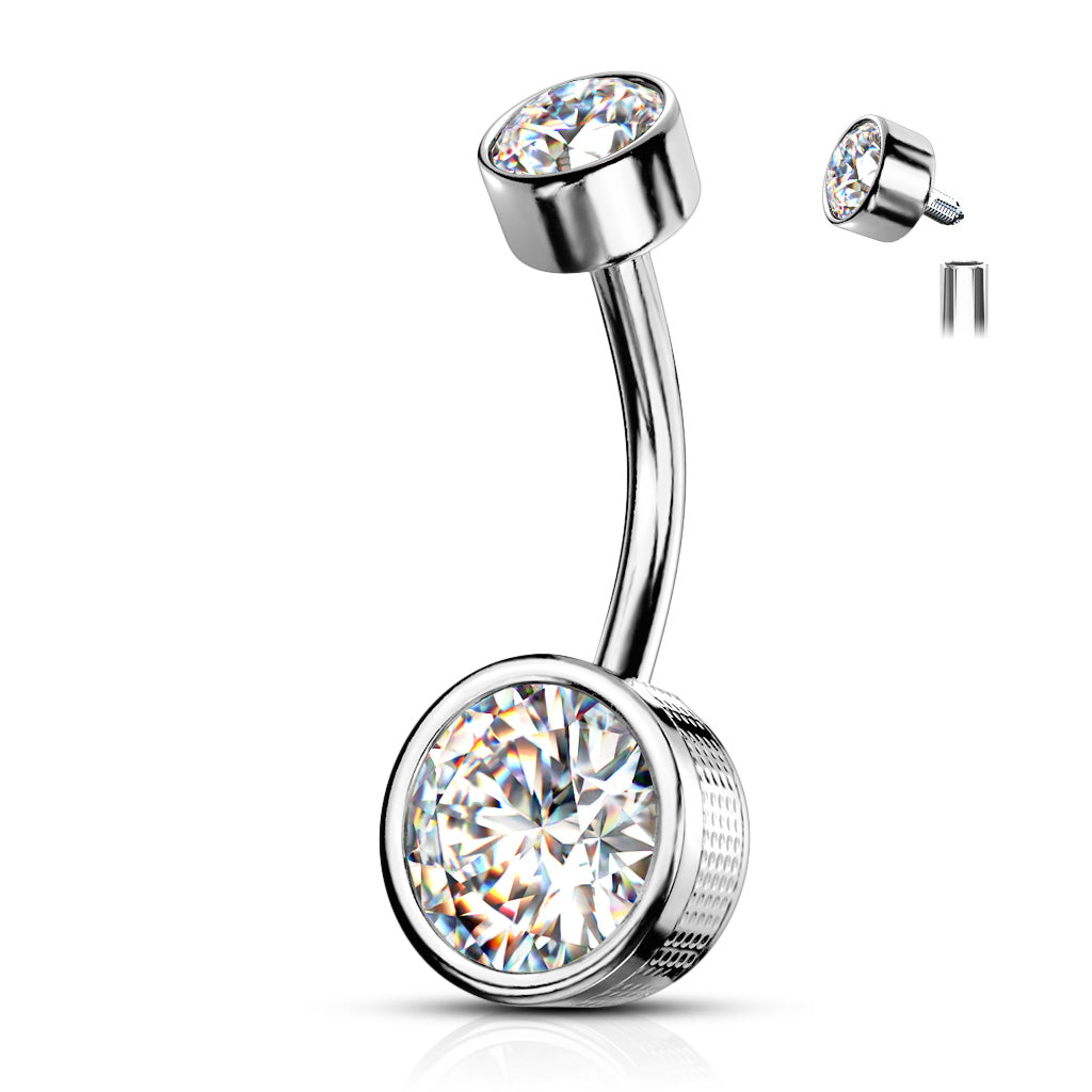 Surgical Steel Round Stamped Bezel CZ Internally Threaded Belly Banana